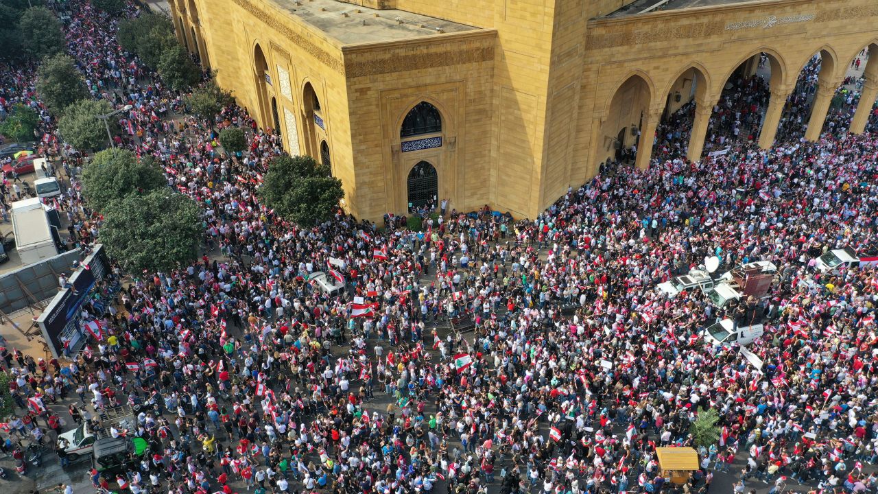 An aerial view shows an anti-government protest in downtown Beirut on October 20.