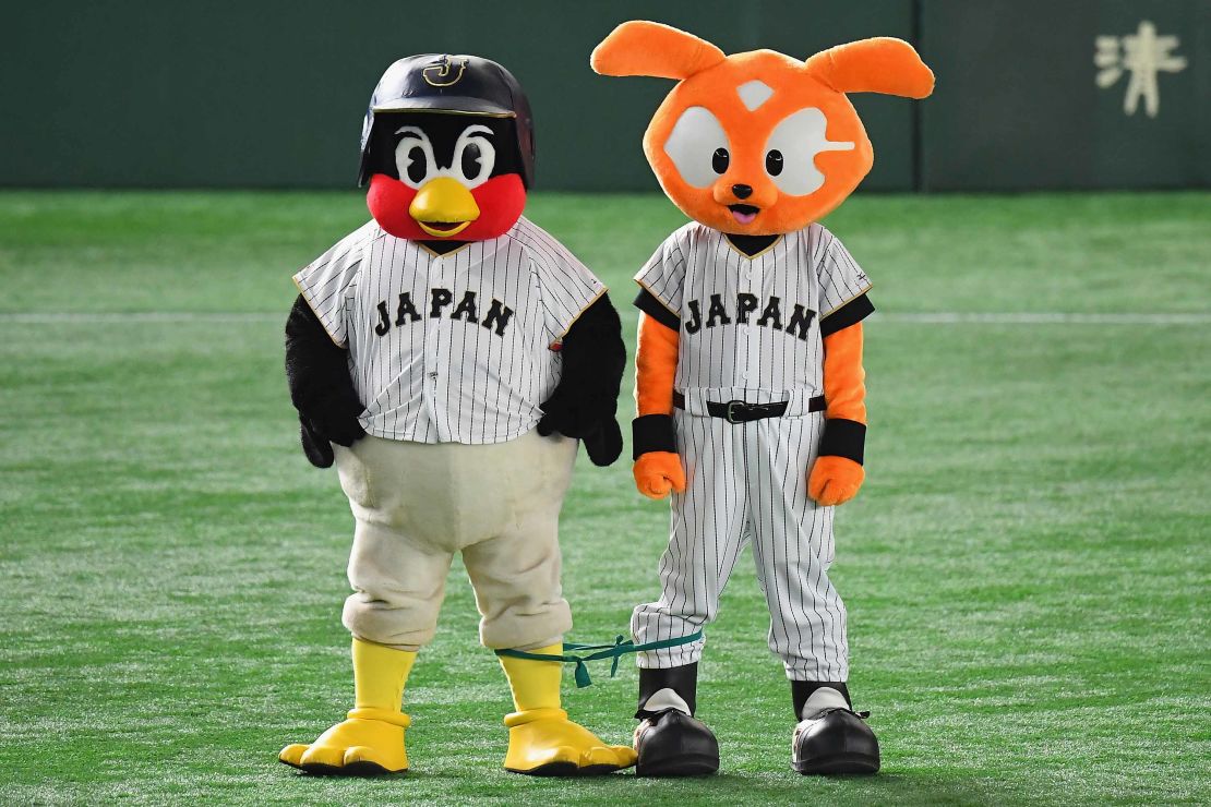 Swallows mascot Tsubakuro (left) and Giants mascot Giabbit (right) during the international friendly match between Mexico and Japan.