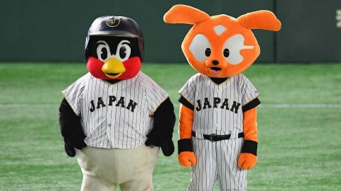 Swallows mascot Tsubakuro (left) and Giants mascot Giabbit (right) during the international friendly match between Mexico and Japan.