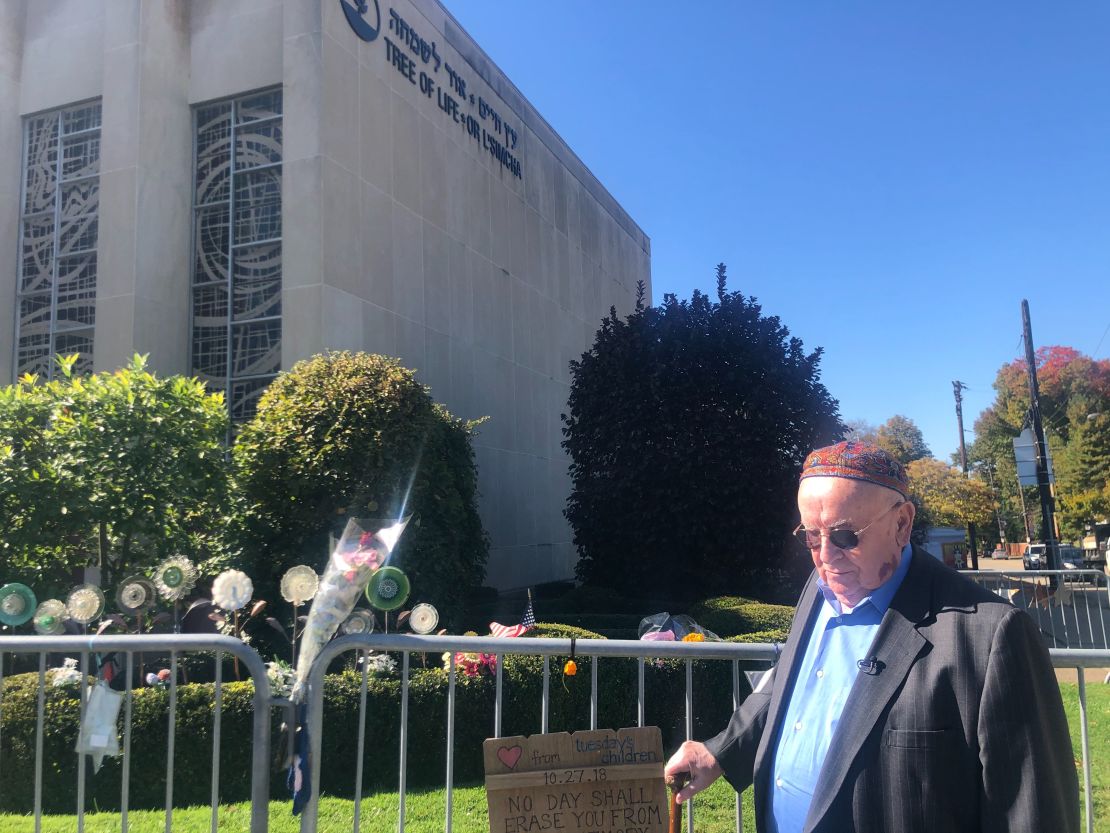 Judah Samet passes by the Tree of Life synagogue, which has been shuttered since the attack.