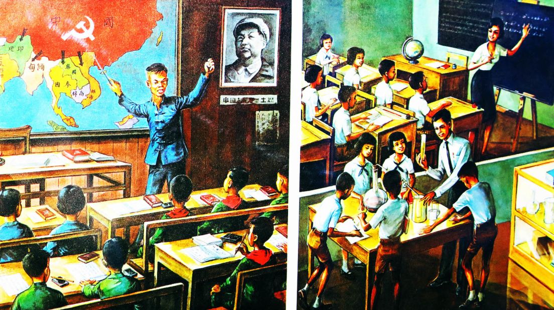 <strong>Anti-communist displays: </strong>Exhibitions include this piece of anti-communist propaganda produced by the Thai government during the 1970s. It juxtaposes China's strident political indoctrination under Chairman Mao Zedong with Thailand's orderly, practical school lessons.