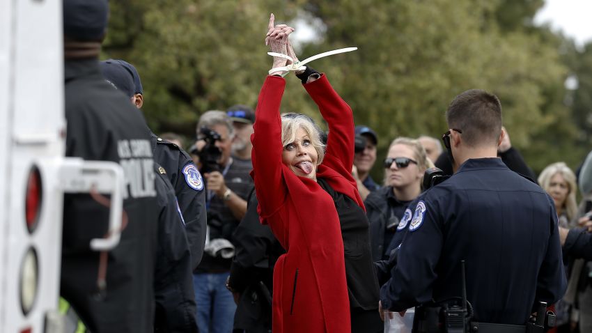 WASHINGTON, DC - OCTOBER 25: Actress Jane Fonda is arrested during the "Fire Drill Friday" Climate Change Protest on October 25, 2019 in Washington, DC . Protesters demand Immediate Action for a Green New Deal. Clean renewable energy by 2030, and no new exploration or drilling for Fossil Fuels. (Photo by John Lamparski/Getty Images)