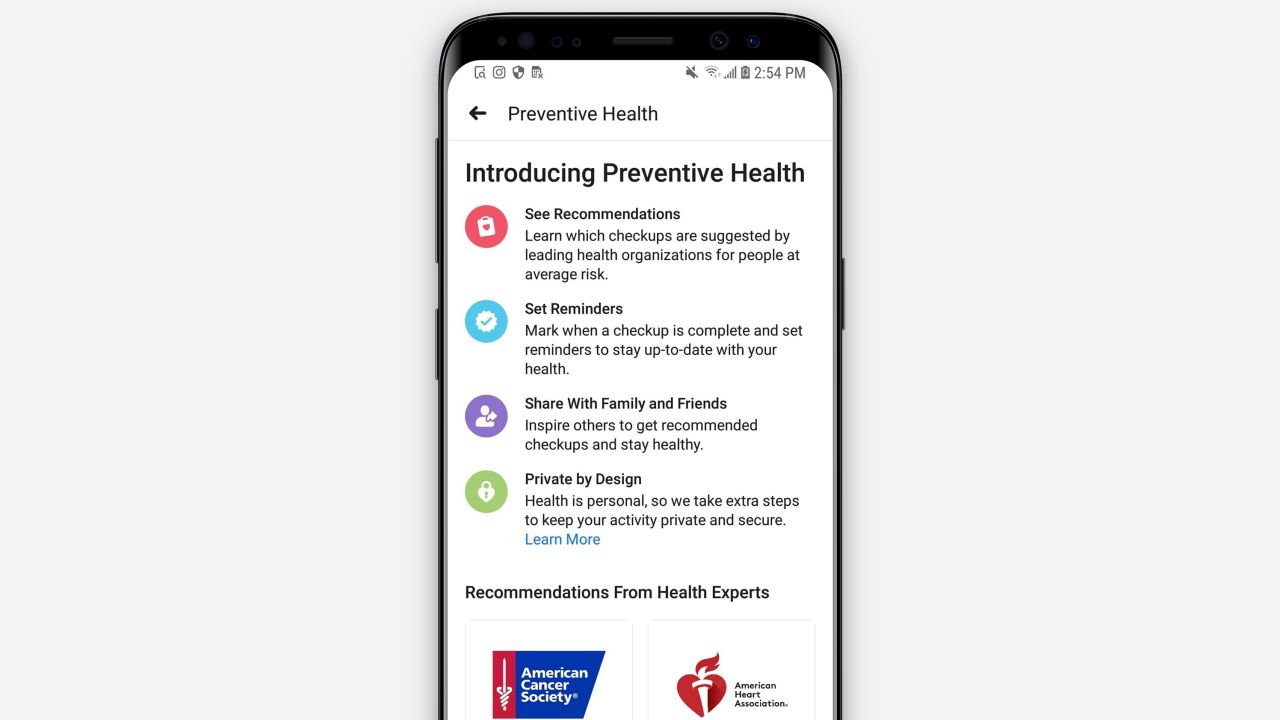 Facebook's Preventive Health tool allows you to set reminders or share the tool with family and friends.