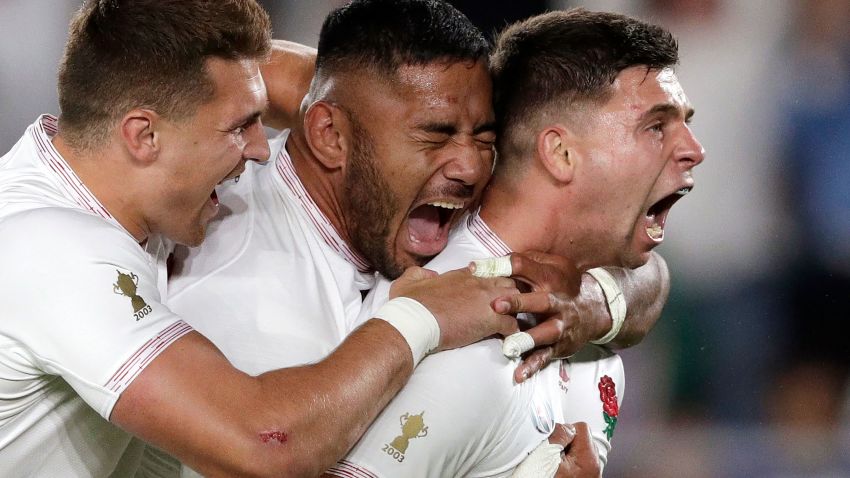 England teammates celebrate a try by England's England teammates celebrate a try by England's Ben Youngs, right, that was overturned after a offside call during the Rugby World Cup semifinal at International Yokohama Stadium between New Zealand and England in Yokohama, Japan, Saturday, Oct. 26, 2019. (AP Photo/Aaron Favila)