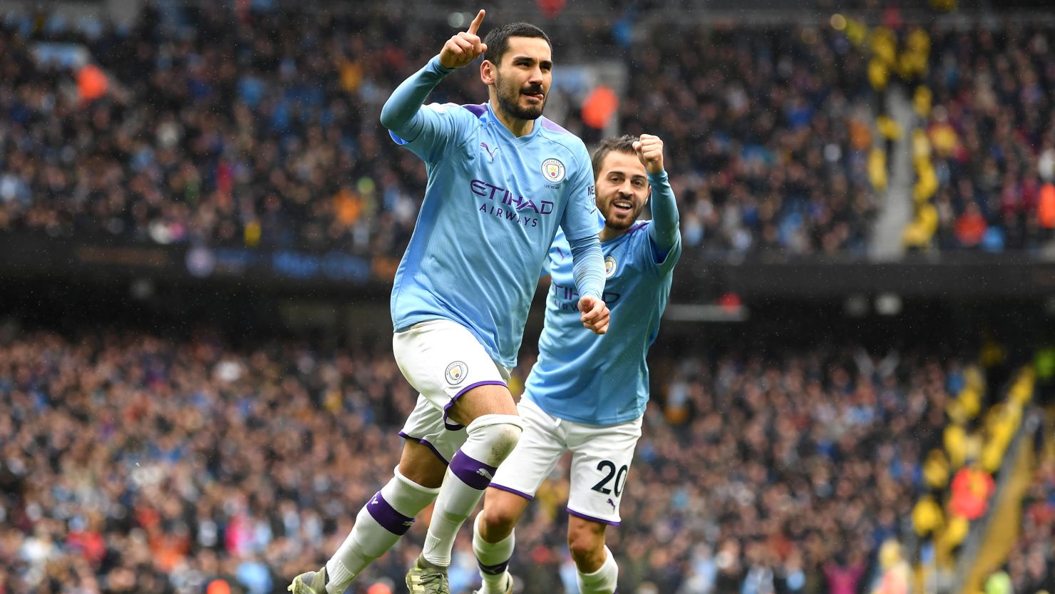  Ilkay Gundogan of Manchester City celebrates after scoring his team's final goal in the 3-0 Premier League win over Aston Villa.