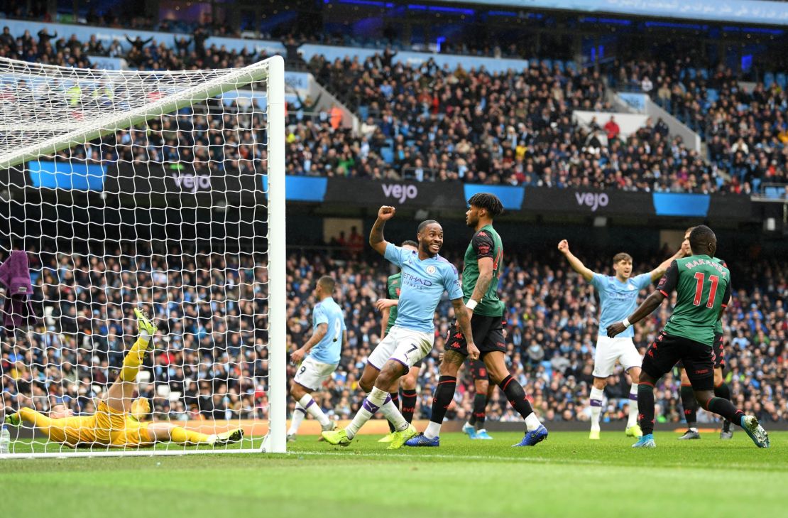 Manchester City players celebrates after scoring their controversial second goal against Aston Villa at the Etihad Stadium.