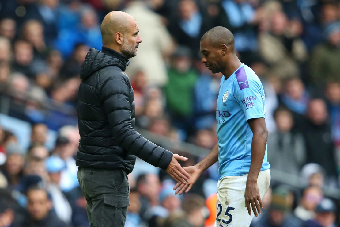 Manchester City manager Pep Guardiola watches on as Fernandinho leaves the pitch after his late red card in the win over Aston Villa. 