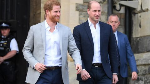Prince Harry and Prince William walk in Windsor on May 18, 2018.