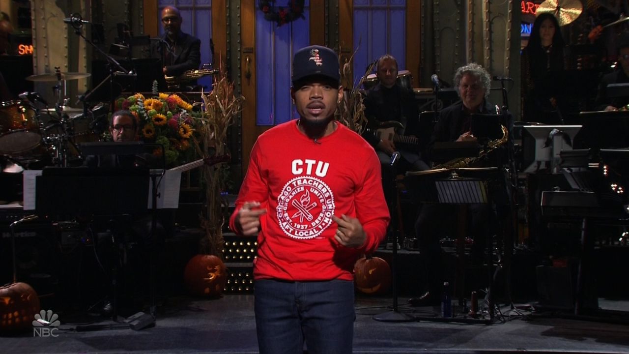 Chance the Rapper showed support for the Chicago teachers on strike by wearing a Chicago Teacher's Union Sweatshirt when he hosted "Saturday Night Live." 