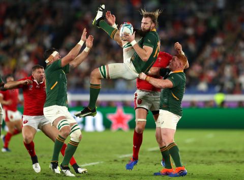 South Africa's RG Snyman wins a high ball against Wales.