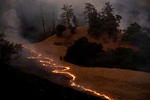A line of fire snakes along a hillside as firefighters light backfires to slow the spread of the Kincade Fire near Geyserville, California, on October 26.