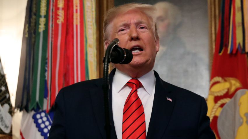 President Donald Trump speaks in the Diplomatic Room of the White House in Washington, Sunday, Oct. 27, 2019. (AP Photo/Andrew Harnik)