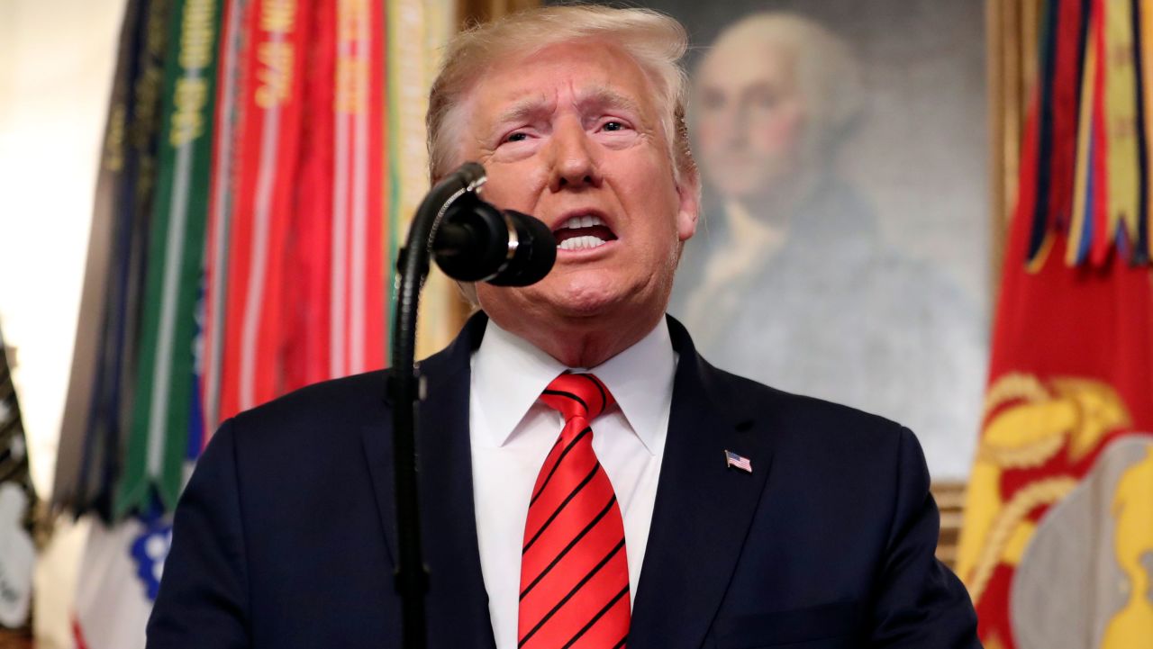 President Donald Trump speaks in the Diplomatic Room of the White House in Washington, Sunday, Oct. 27, 2019. (AP Photo/Andrew Harnik)