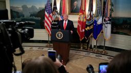President Donald Trump speaks in the Diplomatic Room of the White House, Sunday, Oct. 27, 2019, in Washington. (AP Photo/Manuel Balce Ceneta)
