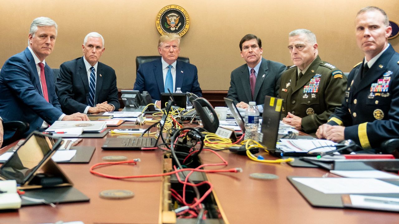 This was tweeted from Dan Scavino with the caption: "President Trump is joined by VP Mike Pence, National Security Advisor Robert O'Brien, left; Secretary of Defense Mark Esper and Chairman of the Joint Chiefs of Staff U.S. Army General Mark A. Milley, and Brig. Gen. Marcus Evans, Deputy Director for Special Operations on the Joint Staff, at right, Saturday, Oct. 26, 2019, in the Situation Room of the White House monitoring developments as U.S. Special Operations forces close in on notorious ISIS leader Abu Bakr al-Baghdadi's compound in Syria with a mission to kill or capture the terrorist."