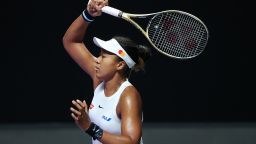 SHENZHEN, CHINA - OCTOBER 27: Naomi Osaka of Japan plays a forehand against Petra Kvitova of the Czech Republic during their Women's Singles match on Day One of the 2019 WTA Finals at Shenzhen Bay Sports Center on October 27, 2019 in Shenzhen, China. (Photo by Matthew Stockman/Getty Images)