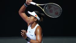SHENZHEN, CHINA - OCTOBER 27: Naomi Osaka of Japan plays a forehand against Petra Kvitova of the Czech Republic during their Women's Singles match on Day One of the 2019 WTA Finals at Shenzhen Bay Sports Center on October 27, 2019 in Shenzhen, China. (Photo by Matthew Stockman/Getty Images)