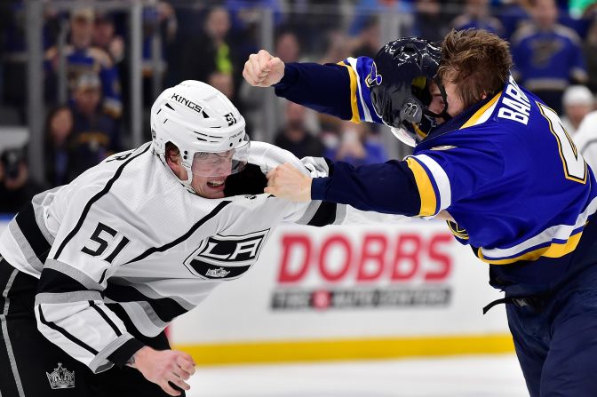 St. Louis' Ivan Barbashev punches Los Angeles' Austin Wagner during an NHL game in St. Louis on Thursday, October 24.