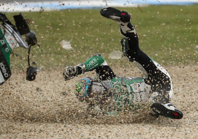 Moto2 rider Remy Gardner crashes during practice in Australia on Friday, October 25. He was not seriously hurt.