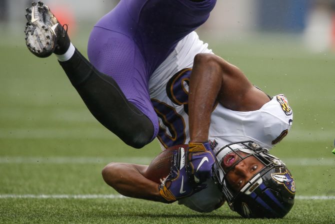 Baltimore wide receiver Miles Boykin makes a catch during an NFL game in Seattle on Sunday, October 20.