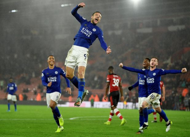 Jamie Vardy celebrates his hat trick during Leicester City's 9-0 thrashing of Southampton on Friday, October 25.
