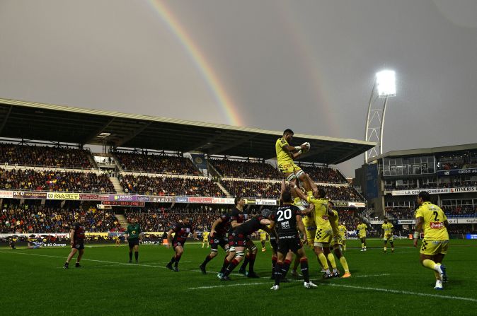 A double rainbow is seen over the Michelin Stadium during a rugby match in Clermont-Ferrand, France, on Sunday, October 20.