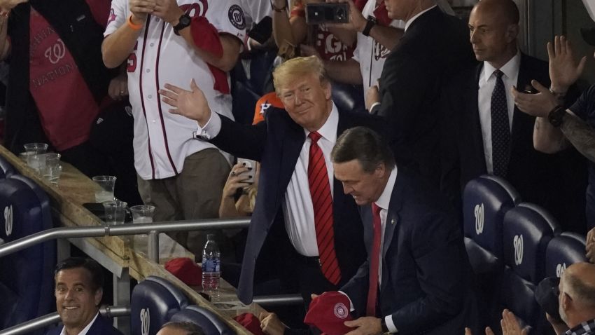 President Donald Trump is introduced during the third inning of Game 5 of the baseball World Series between the Houston Astros and the Washington Nationals Sunday, Oct. 27, 2019, in Washington. (AP Photo/Pablo Martinez Monsivais)