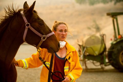 Dr. Emily Putt, a veterinarian who helps rescue horses from fire zones, comforts a horse as the Kincade Fire burns in Healdsburg on October 27.
