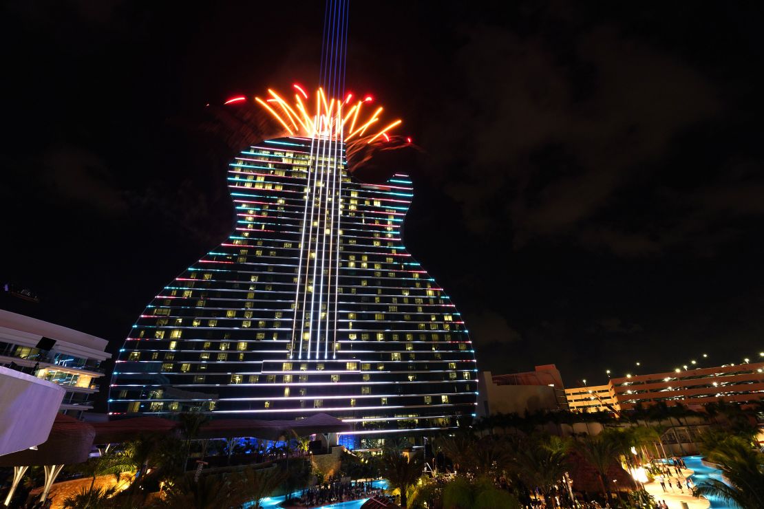 An LED light show was part of the Hollywood Hard Rock Hotel's grand opening celebration.