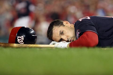 Nationals first baseman Ryan Zimmerman reacts after nearly being hit by a pitch during Game 3.