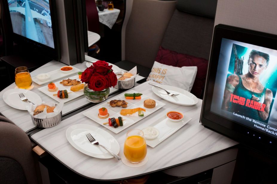 <strong>Dining in, in style</strong>: Qatar's in-flight meal service rivals that of a multi-star restaurant.