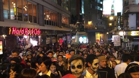 People fill the streets in Lan Kwai Fong on Halloween in 2016.