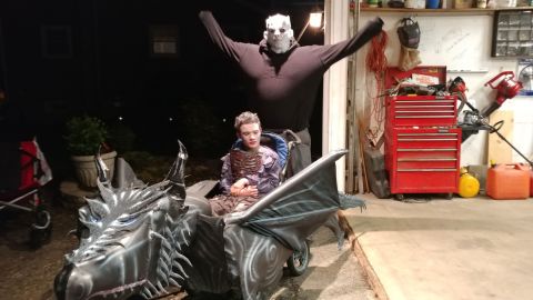 Tommy and Tom (dressed as the Night King from "Game of Thrones") often dress as a duo for Halloween, with Tom pushing his son's costume.