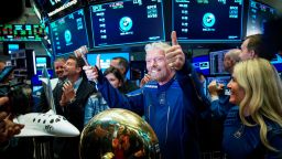 NEW YORK, NY - OCTOBER 28: ?Sir Richard Branson, Founder of Virgin Galactic, gives the thumbs up after ringing a ceremonial bell on the floor of the New York Stock Exchange (NYSE) to promote the first day of trading of Virgin Galactic Holdings shares on October 28, 2019 in New York City. Virgin Galactic Holdings became the first space-tourism company to go public as it began trading on Monday with a market value of about $1 billion. (Photo by Drew Angerer/Getty Images)