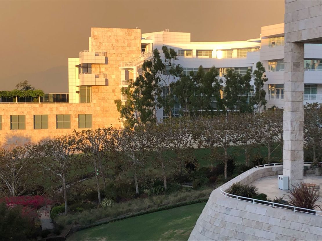 The J. Paul Getty Center Museum in the orange glow of wildfires in southern California.