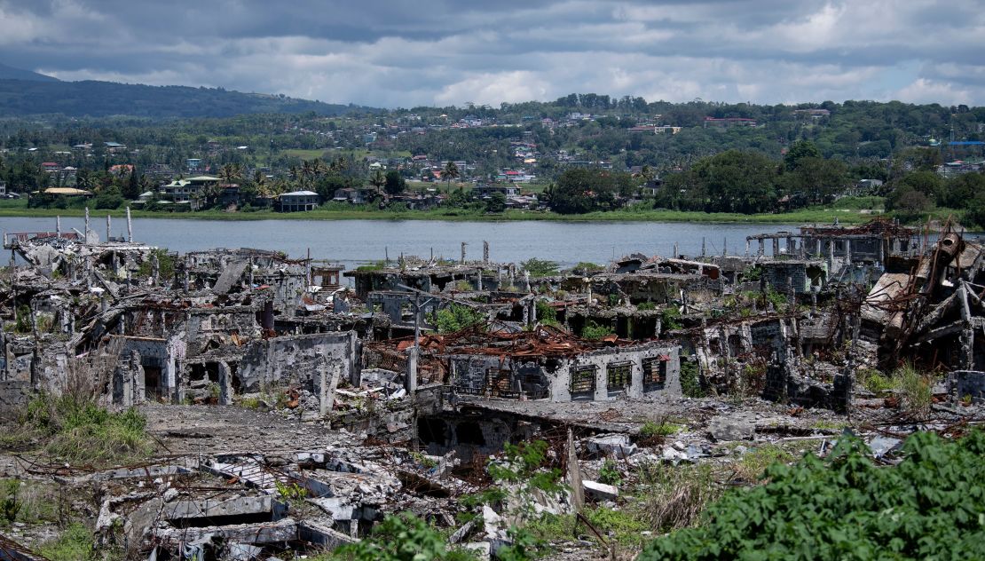 A general view shows destroyed buildings in Marawi on the southern island of Mindanao on May 23, 2019. Two years after the Philippine city of Marawi was overrun by jihadists it remains in ruins, with experts warning that stalled reconstruction efforts are bolstering the appeal of extremist groups in the volatile region.