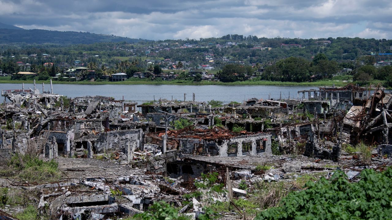 A general view shows destroyed buildings in Marawi on the southern island of Mindanao on May 23, 2019. Two years after the Philippine city of Marawi was overrun by jihadists it remains in ruins, with experts warning that stalled reconstruction efforts are bolstering the appeal of extremist groups in the volatile region.
