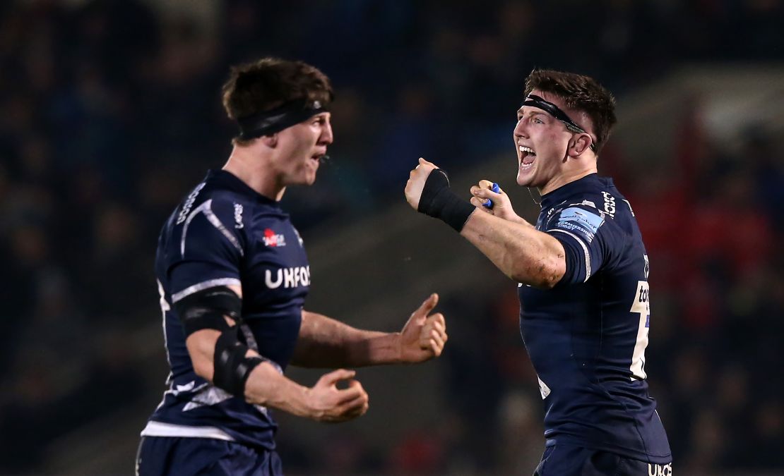 Tom (right) and Ben Curry in action for Sale Sharks earlier this year. 