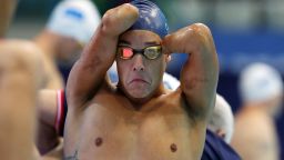 LONDON, ENGLAND - SEPTEMBER 12: Theo Curin of France adjusts his cap and goggles as prepares for the Men's 50m Butterfly S5 heats on Day Four of the London 2019 World Para-swimming Allianz Championships  at Aquatics Centre on September 12, 2019 in London, England. (Photo by Catherine Ivill/Getty Images)