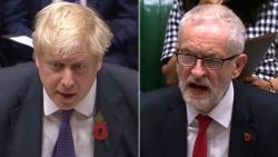 LEFT: Britain's Prime Minister Boris Johnson speaks to lawmakers during the election debate in the House of Commons, London, Monday Oct. 28, 2019. 
RIGHT: Britain's main opposition Labour Party leader Jeremy Corbyn speaks to lawmakers during an election debate in the House of Commons, London, Monday Oct. 28, 2019.