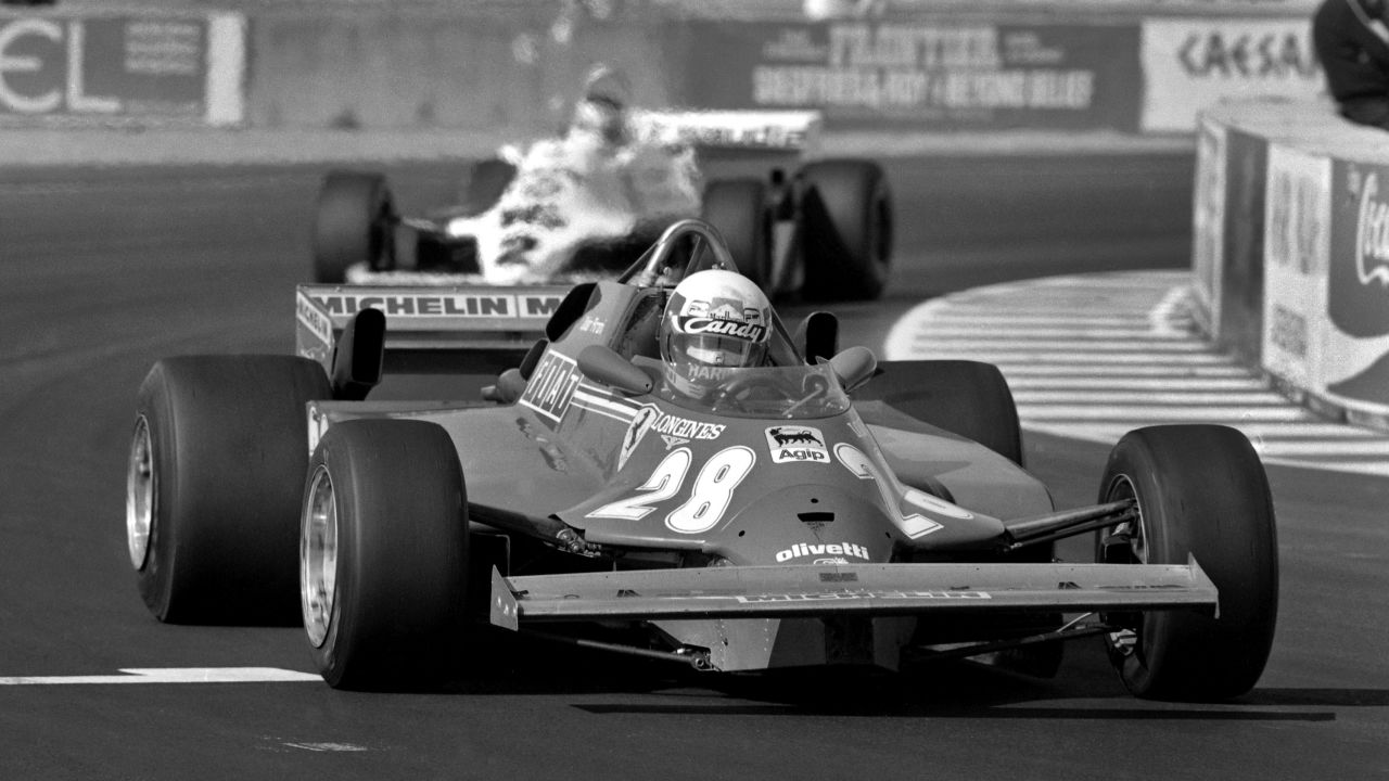 Didier Pironi races for Ferrari ahead of Carlos Reutemann in the Williams during the 1981 Caesar's Palace Grand Prix.
