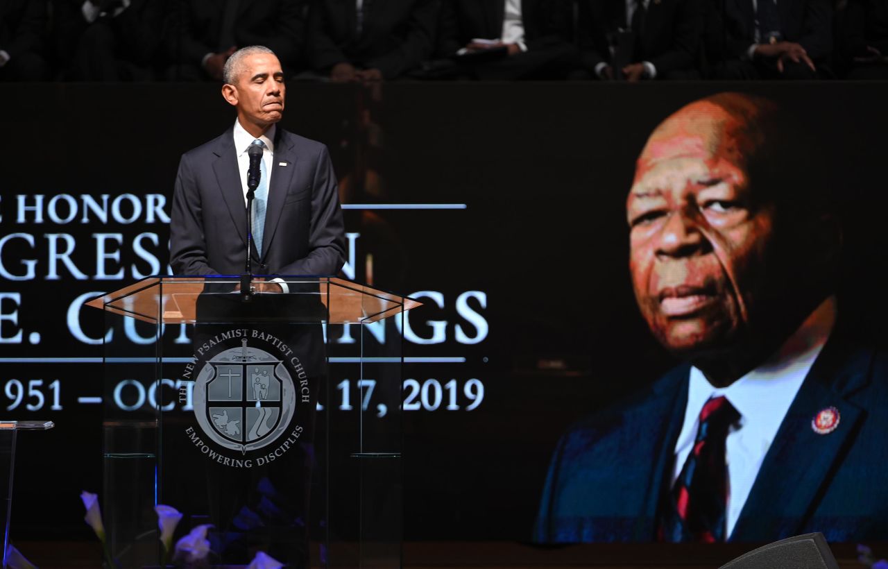 Former US President Barack Obama speaks at the funeral service in Baltimore. Cummings "was never complacent," Obama said, "for he knew that without clarity of purpose and a steadfast faith and a dogged determination demanded by our liberty, the promise of this nation could wither. Complacency, he knew, was not only corrosive for our collective lives, but for our individual lives."
