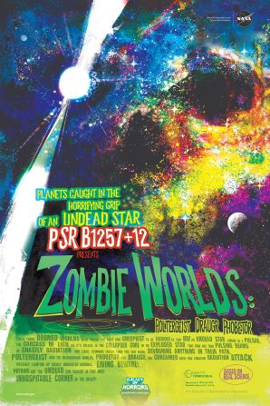 Three zombie worlds orbit the core of an exploded star that lashes out with radiating pulses in a new NASA poster.