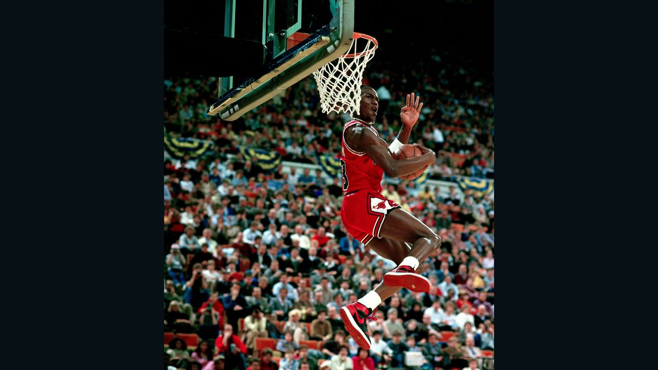 INDIANAPOLIS - FEBRUARY 10:  Michael Jordan #23 of the Chicago Bulls goes for a dunk during the 1985 NBA All Star Slam Dunk Competition at the Hoosier Dome on February 10, 1985 in Indianapolis, Indiana.  NOTE TO USER: User expressly acknowledges and agrees that, by downloading and/or using this Photograph, User is consenting to the terms and conditions of the Getty Images License Agreement. Mandatory copyright notice: Copyright NBAE 1985 (Photo by Andrew D. Bernstein/NBAE via Getty Images)