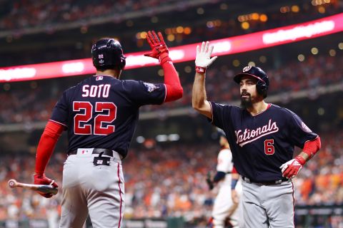 Washington third baseman Anthony Rendon is congratulated by Juan Soto after Rendon hit a two-run home run in Game 6 on Tuesday, October 29. Rendon had 5 RBIs in the Nationals' 7-2 victory.