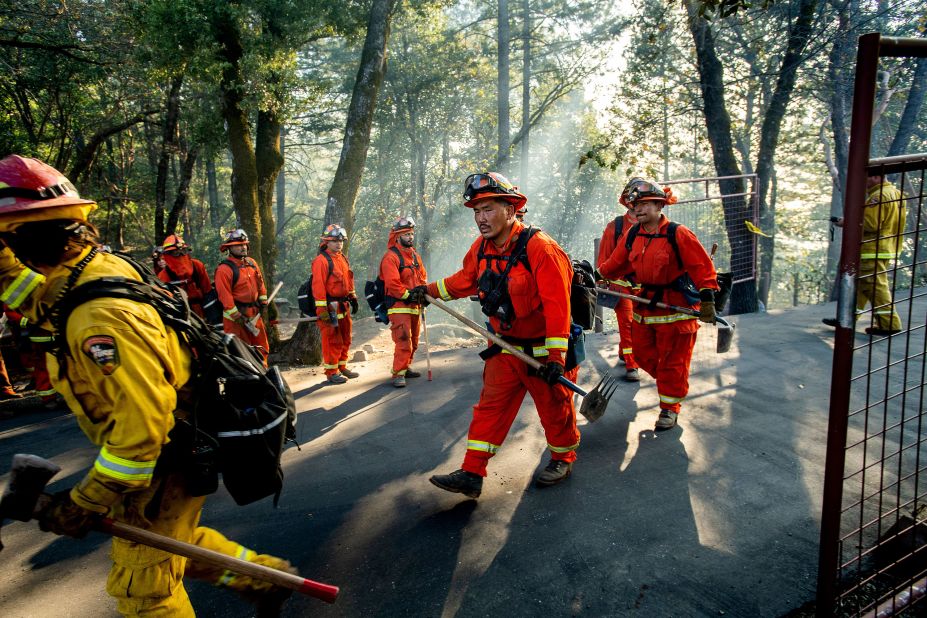 Inmate firefighters battle the Kincade Fire near Healdsburg, California, on Tuesday, October 29.