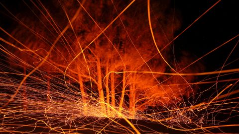 High winds blow hot embers from the Kincade Fire on October 29, 2019 in Calistoga, California.