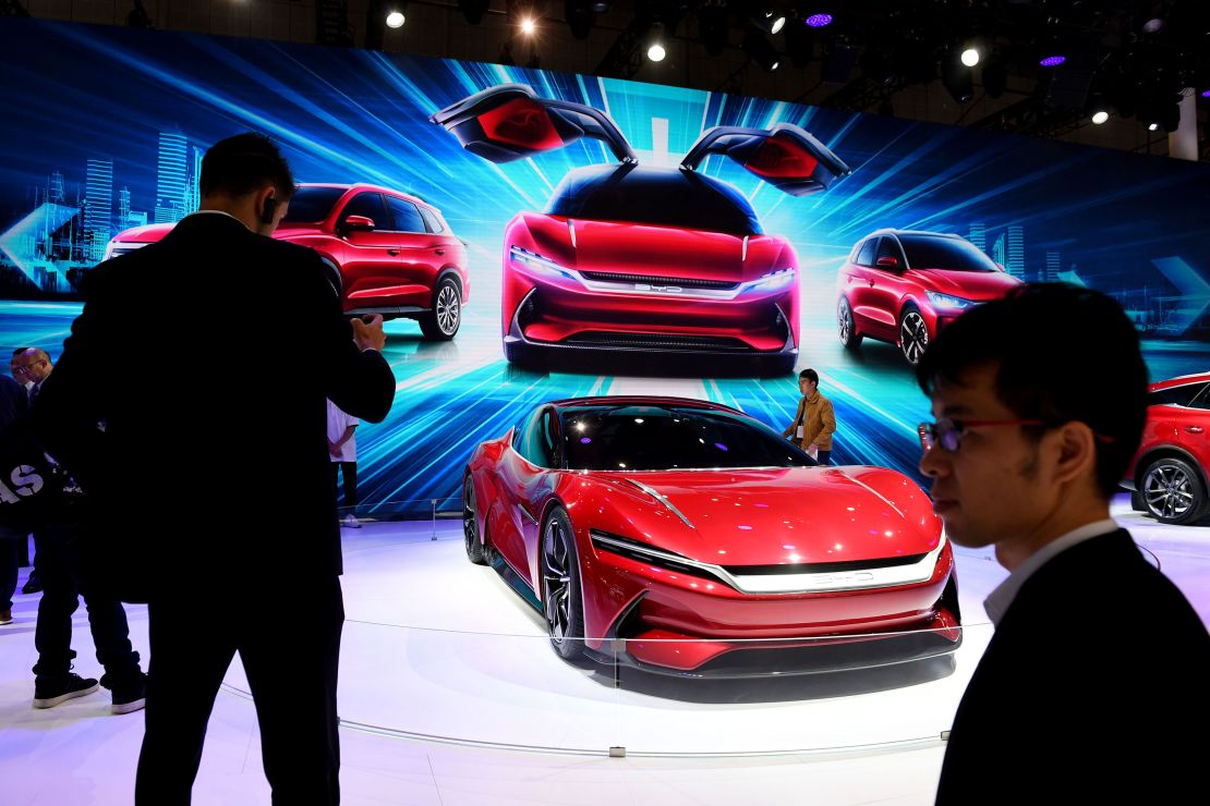 BYD displaying an electric concept car at the Shanghai Auto Show in April. The Chinese carmaker recently said its sales were hit by the lowering of subsidies.