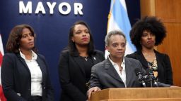 Mayor Lori Lightfoot, joined by CPS CEO Janice Jackson, makes a statement about the Chicago Teachers Union strike on Tuesday, Oct. 29, 2019, at City Hall. (Brian Cassella/Chicago Tribune/Tribune News Service via Getty Images)