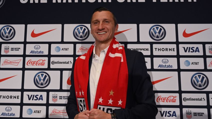 Vlatko Andonovski poses for photographers after a press conference where it was announced as the new US Soccer Womens National Team head coach on October 28, 2019 at Kimpton Hotel Eventi in New York City. - Andonovski  43, comes to U.S. Soccer after serving as a head coach during all seven seasons of the National Women's Soccer League, a stint which included two championships with FC Kansas City (2014 and 2015). (Photo by TIMOTHY A. CLARY / AFP) (Photo by TIMOTHY A. CLARY/AFP via Getty Images)